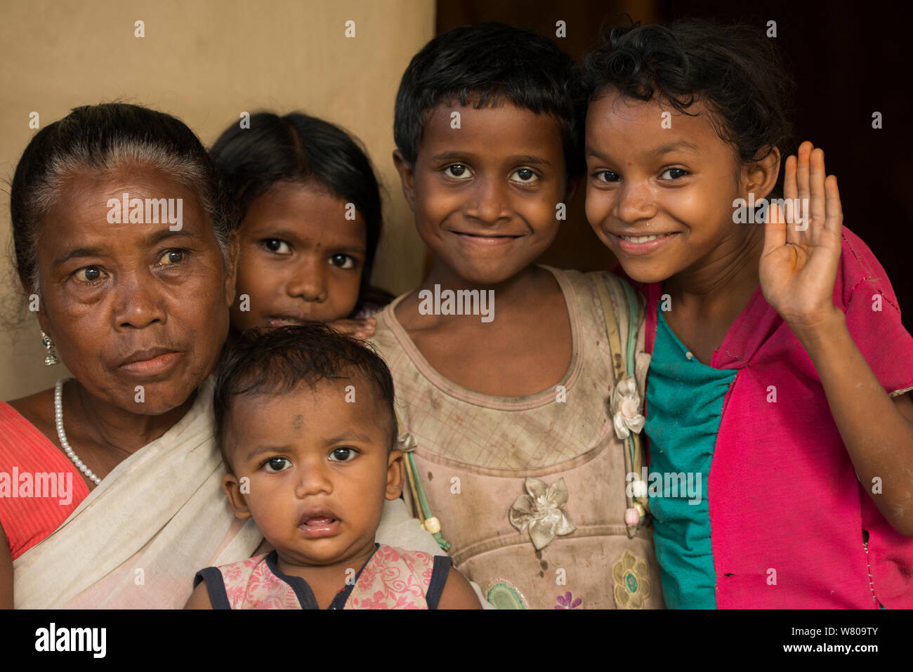 Assamese children and grandmother, Assam. North East India. October 2014. Stock Photo