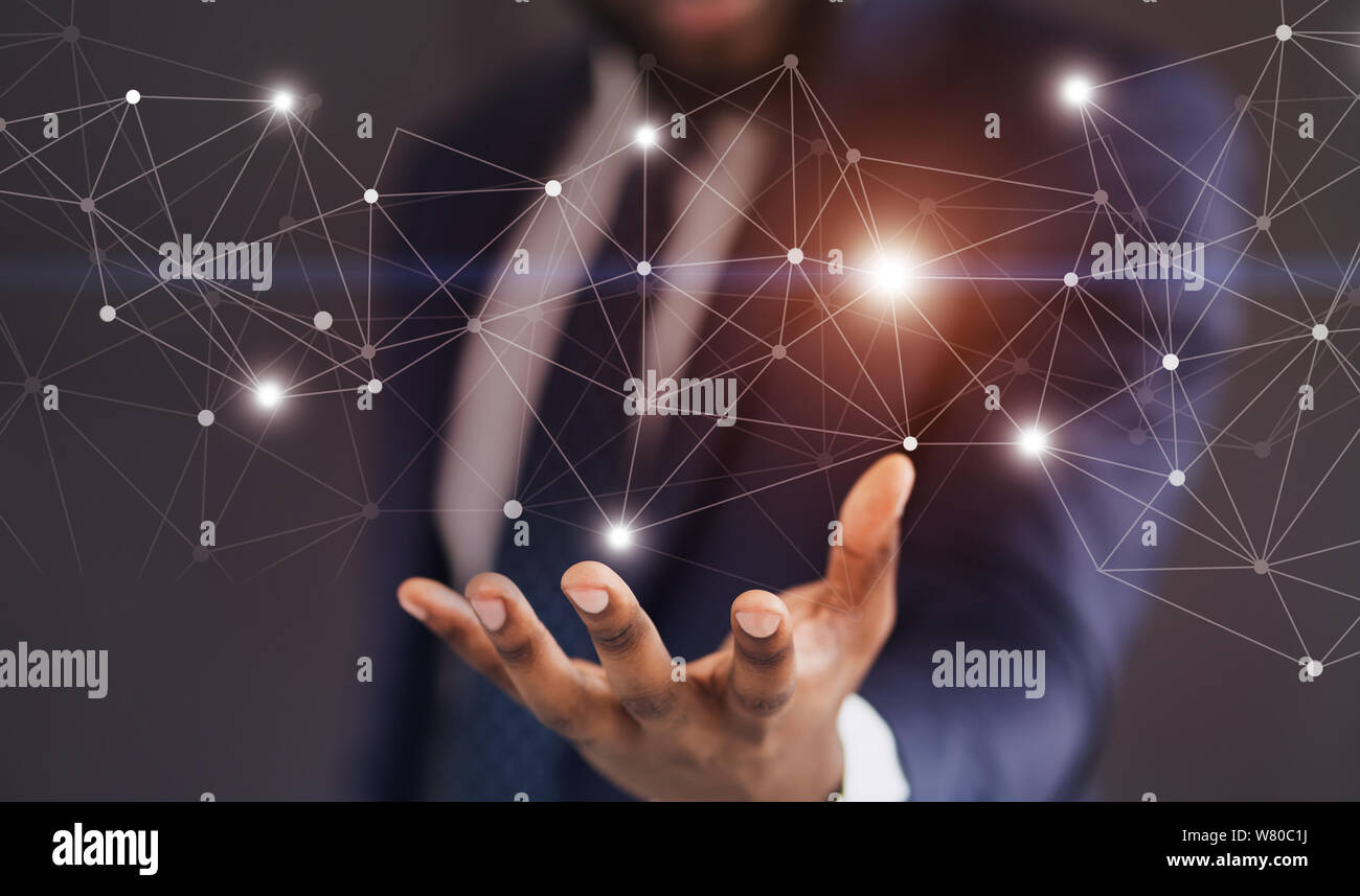Flying connections with lightning points on transparent screen Stock Photo