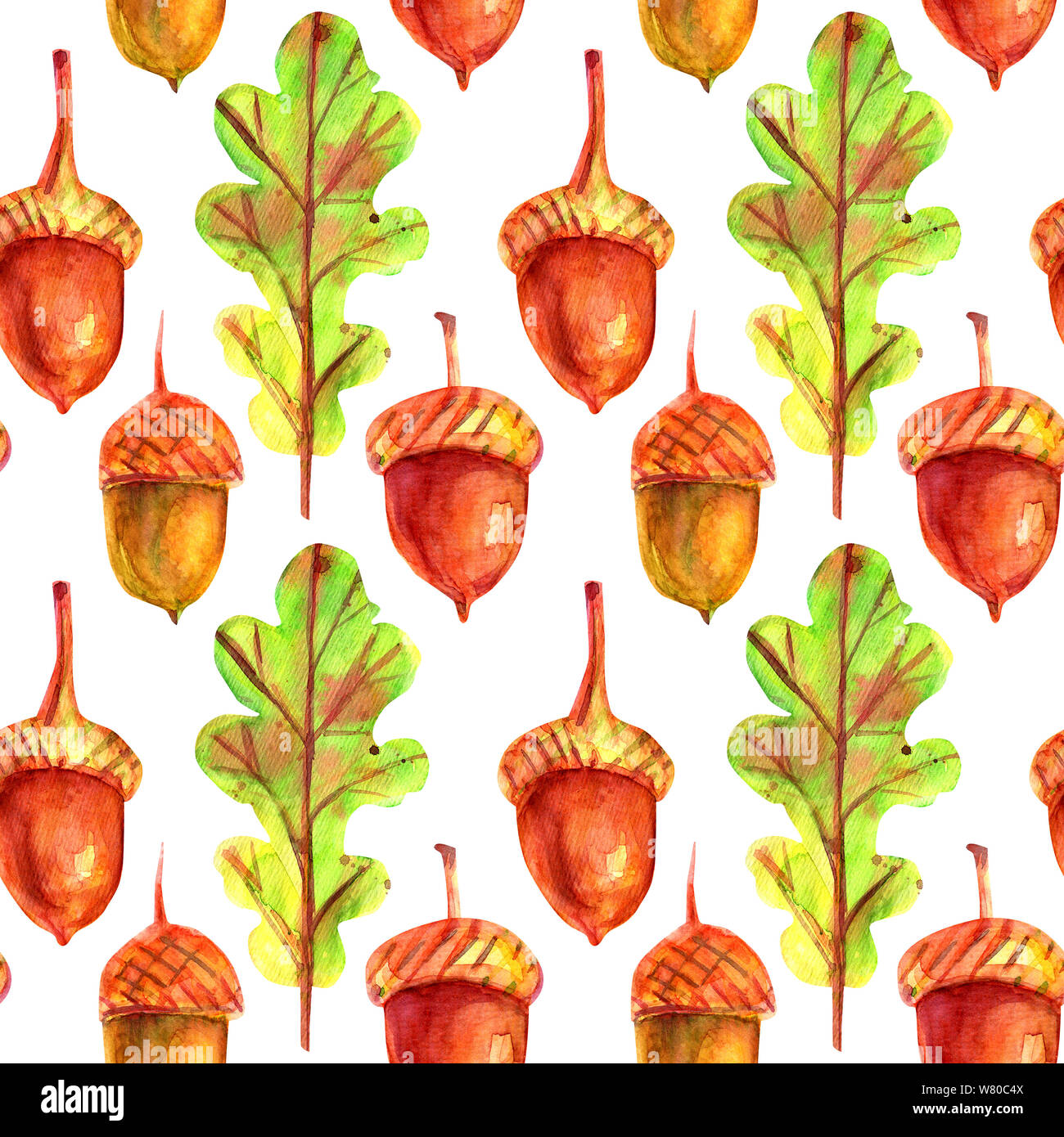Seamless pattern with oak leaves and acorns. Watercolor autumn green leaves with colorful drops and splashes on a white background. Template for desig Stock Photo