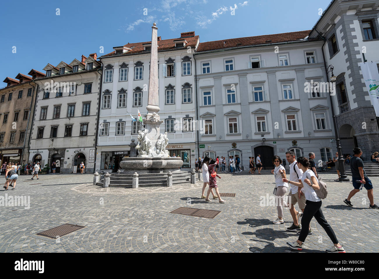 Ljubljana, Slovenia. August 3, 2019.   Ronna fountain, also known as the Fountain of the Three Carniolan Rivers in the city center Stock Photo