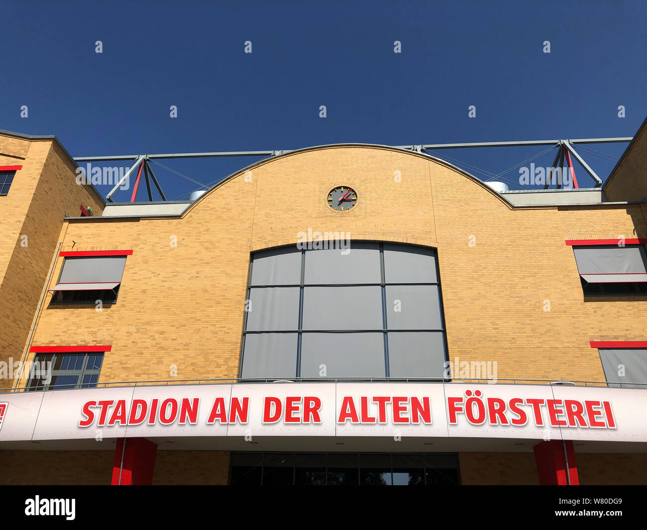 BERLIN, GERMANY - AUGUST 07: General view with Logo of the 1 FC Union Berlin at Stadion an der Alten Foersterei on August 07, 2019 in Berlin, Germany. Stock Photo