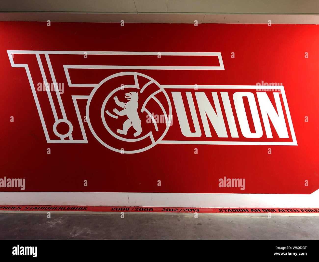 BERLIN, GERMANY - AUGUST 07: General view with Logo of the 1 FC Union Berlin at Stadion an der Alten Foersterei on August 07, 2019 in Berlin, Germany. Stock Photo