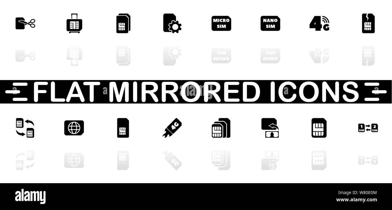 Sim Cards icons - Black symbol on white background. Simple illustration. Flat Vector Icon. Mirror Reflection Shadow. Can be used in logo, web, mobile Stock Vector