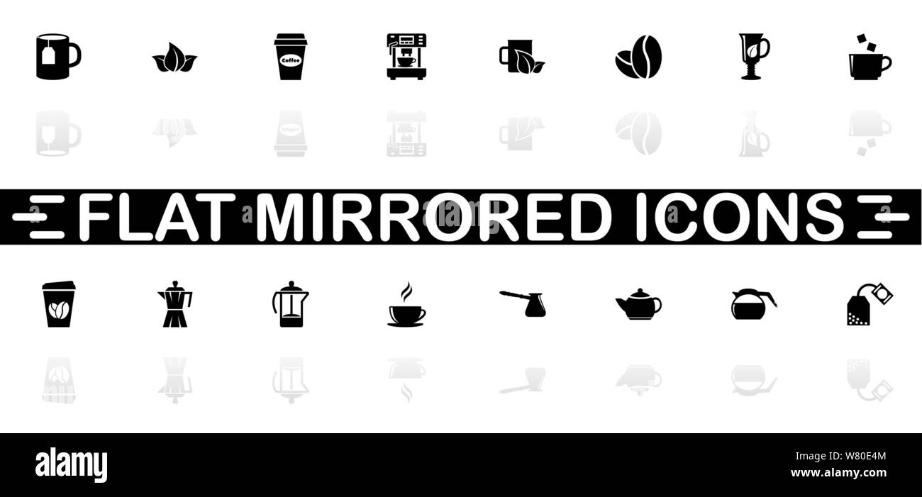 Tea and Coffee icons - Black symbol on white background. Simple illustration. Flat Vector Icon. Mirror Reflection Shadow. Can be used in logo, web, mo Stock Vector