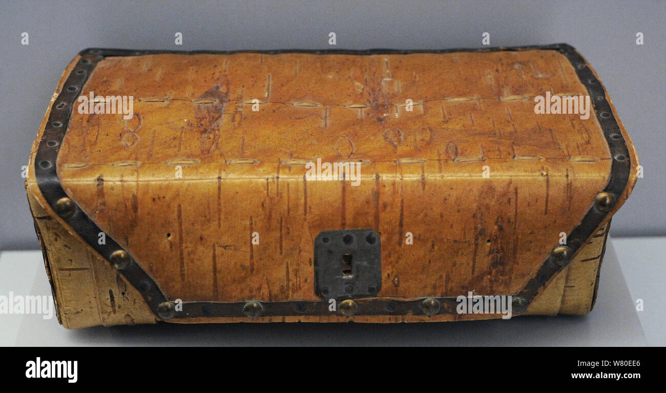 Box used by the Swedish expedition members. Sweden. Last third of the 19th century. Birch-bark, metal and leather. Museum of the Americas. Madrid, Spain. Stock Photo