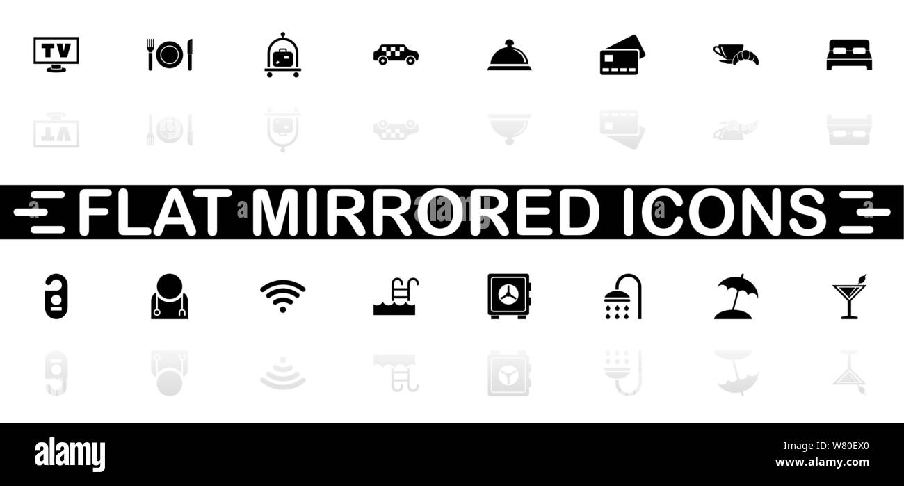 Hotel icons - Black symbol on white background. Simple illustration. Flat Vector Icon. Mirror Reflection Shadow. Can be used in logo, web, mobile and Stock Vector