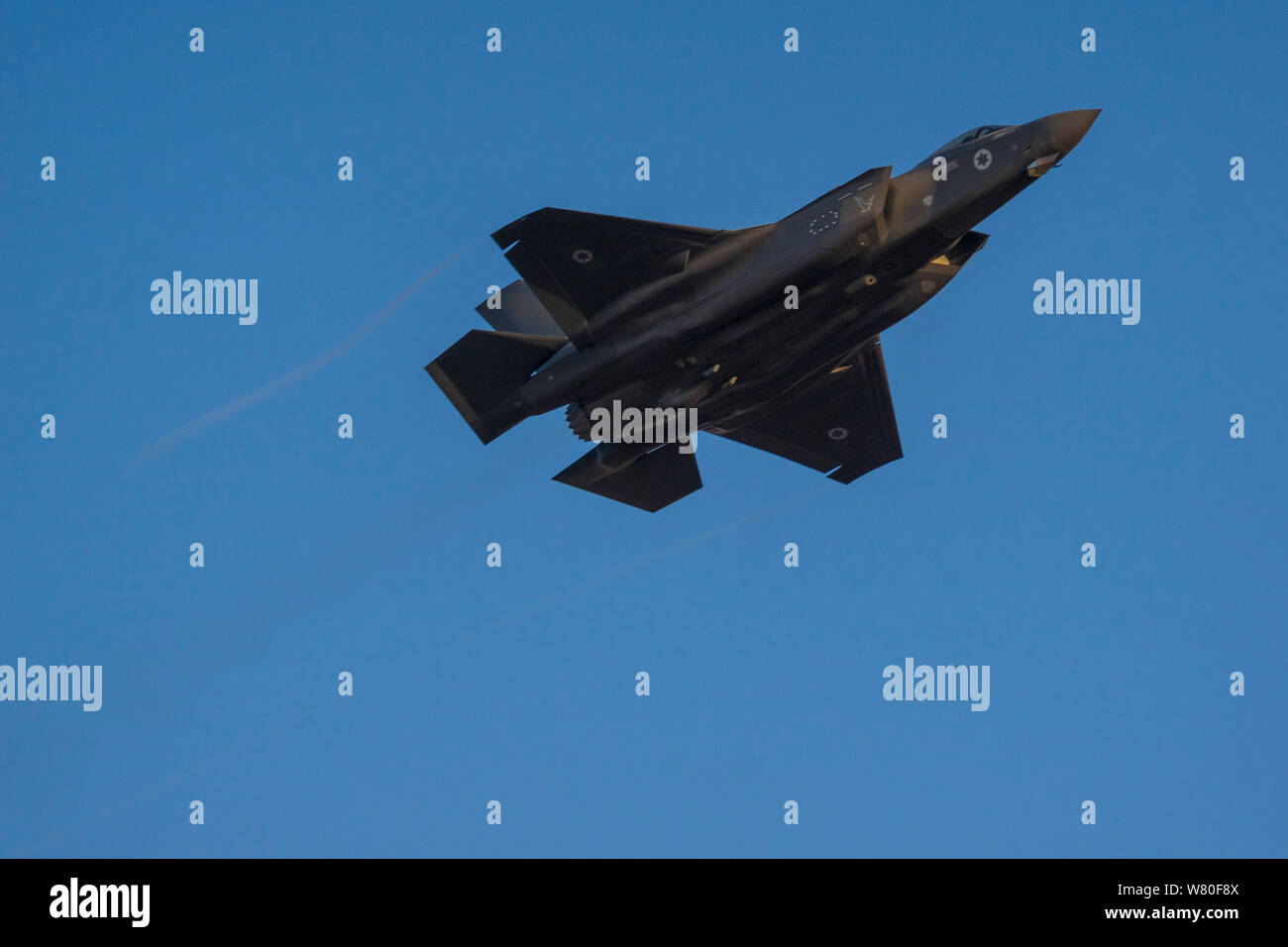 Israeli F-35 Lightning II 'Adir' stealth fighter planes flies low during an airshow in Israel. Stock Photo