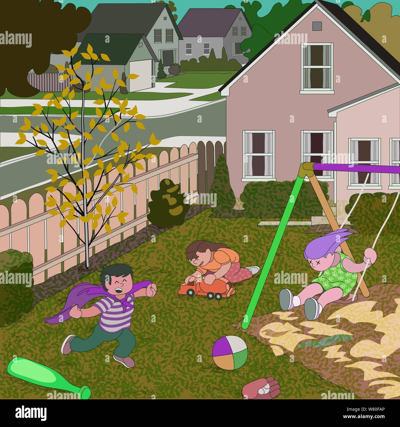 Children Swinging Running And Playing In The Back Yard Of A House