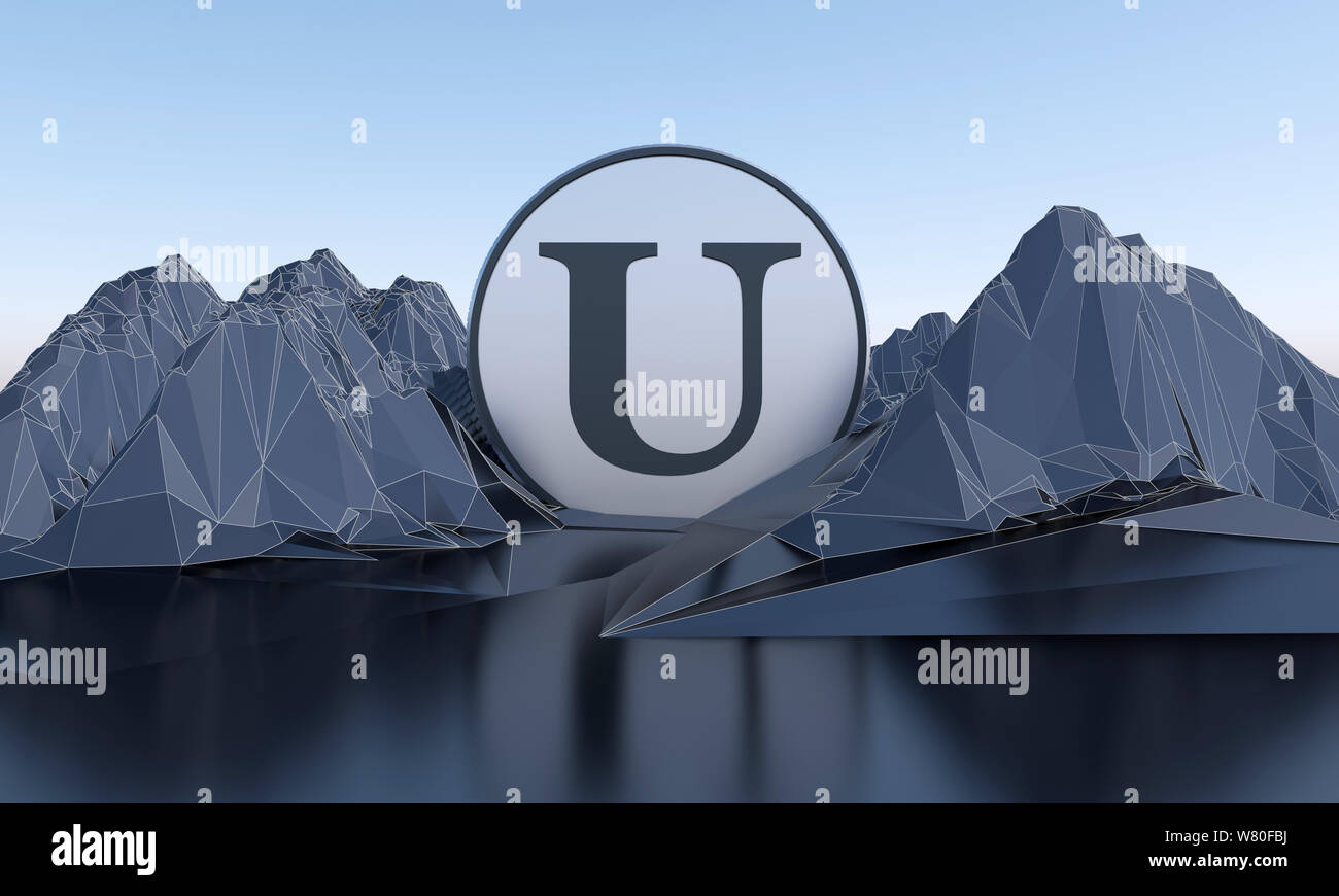 Uranus symbol in shape of coin in abstract mountains. 3d rendering Stock Photo