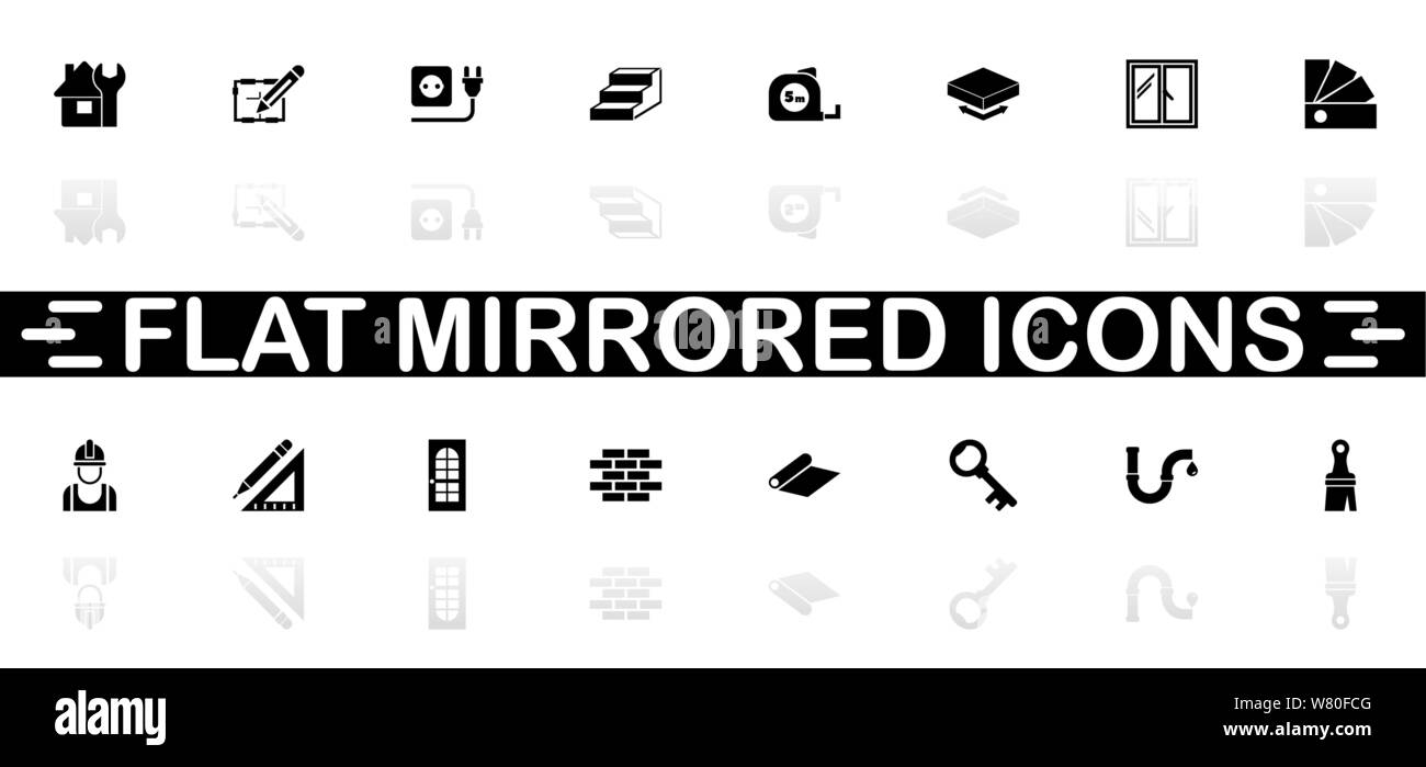 Building House icons - Black symbol on white background. Simple illustration. Flat Vector Icon. Mirror Reflection Shadow. Can be used in logo, web, mo Stock Vector