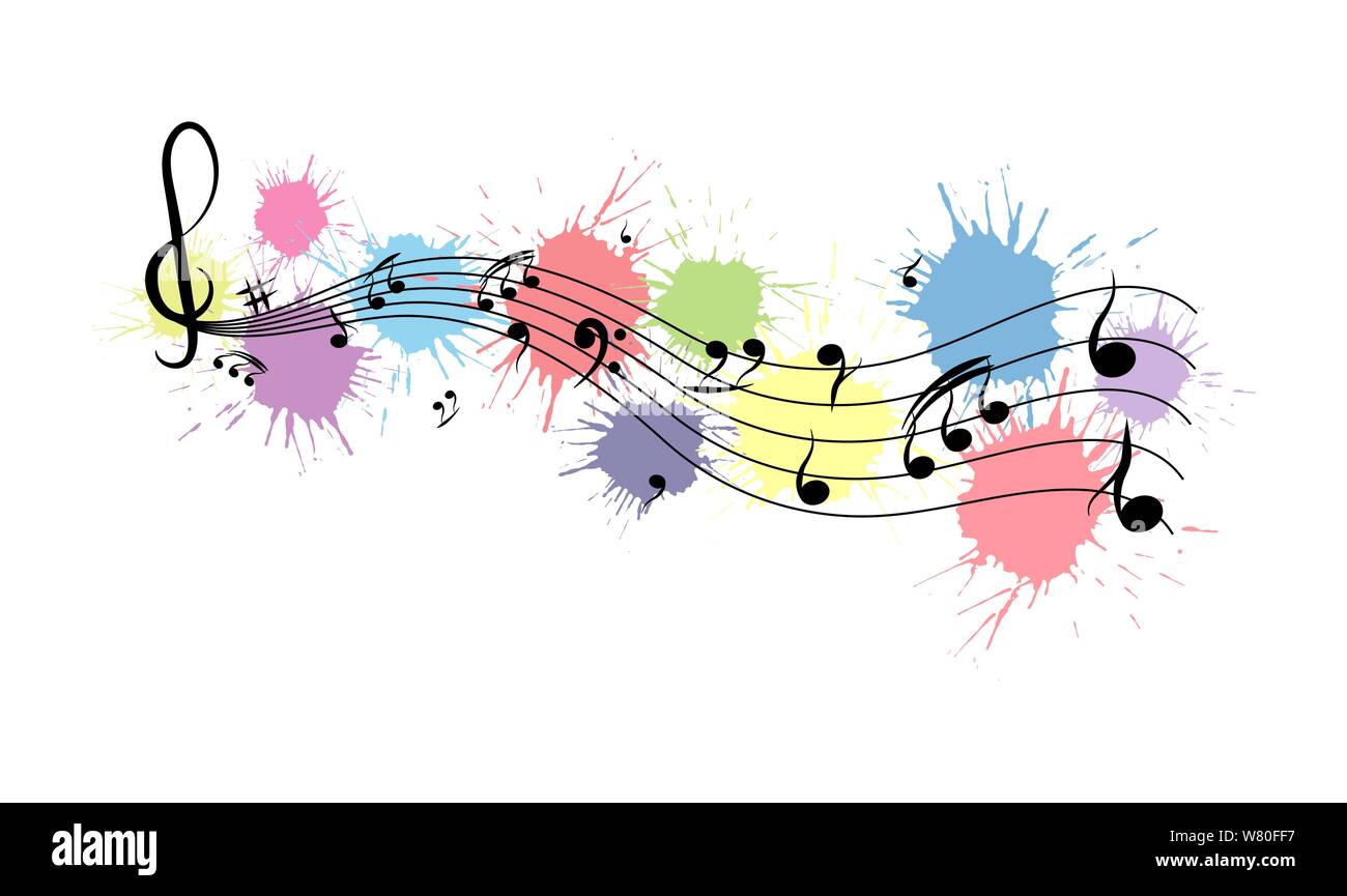 Musical notes on the musical lines on the background of colored blots ...