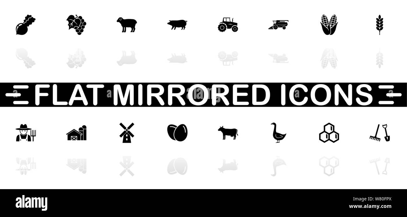 Farming icons - Black symbol on white background. Simple illustration. Flat Vector Icon. Mirror Reflection Shadow. Can be used in logo, web, mobile an Stock Vector