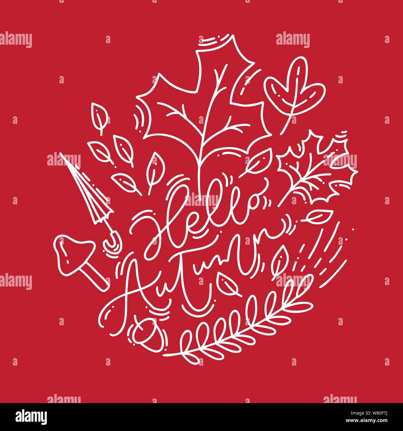 White calligraphy lettering text Hello Autumn on red background. Leaves ...