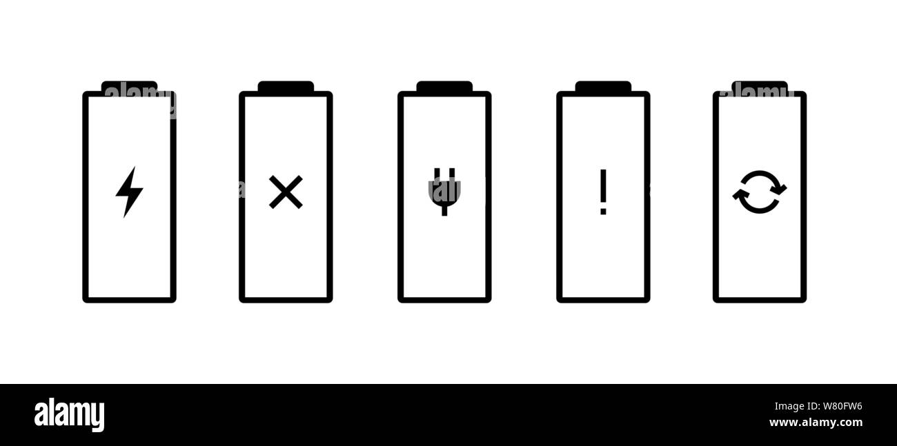 Battery charge indicator status icon set. Gadgets accumulator faulty broken needs charging error replace pictograms. Vector electric power recharge sign illustration Stock Vector
