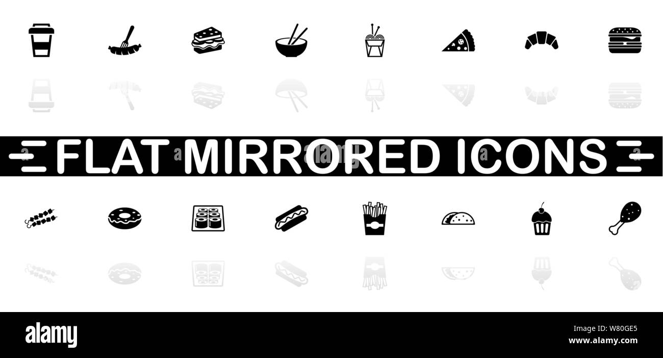 Fast Food icons - Black symbol on white background. Simple illustration. Flat Vector Icon. Mirror Reflection Shadow. Can be used in logo, web, mobile Stock Vector