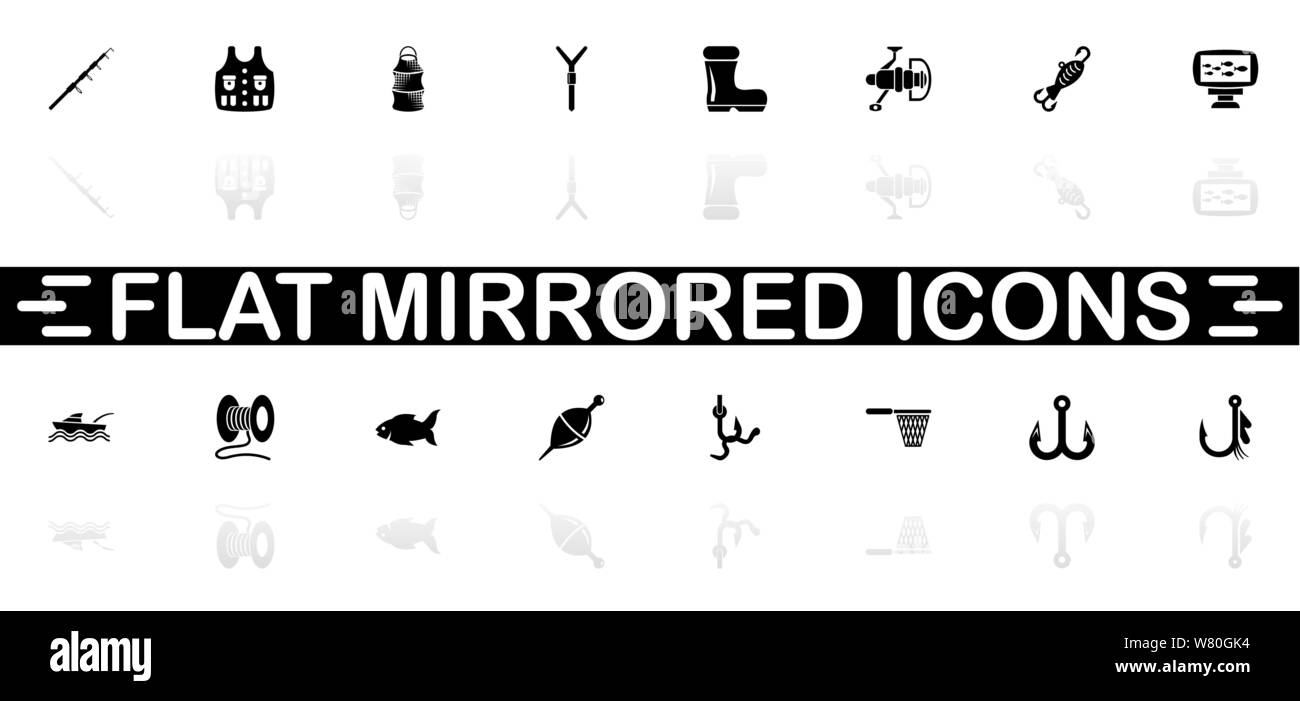 Fishing icons - Black symbol on white background. Simple illustration. Flat Vector Icon. Mirror Reflection Shadow. Can be used in logo, web, mobile an Stock Vector