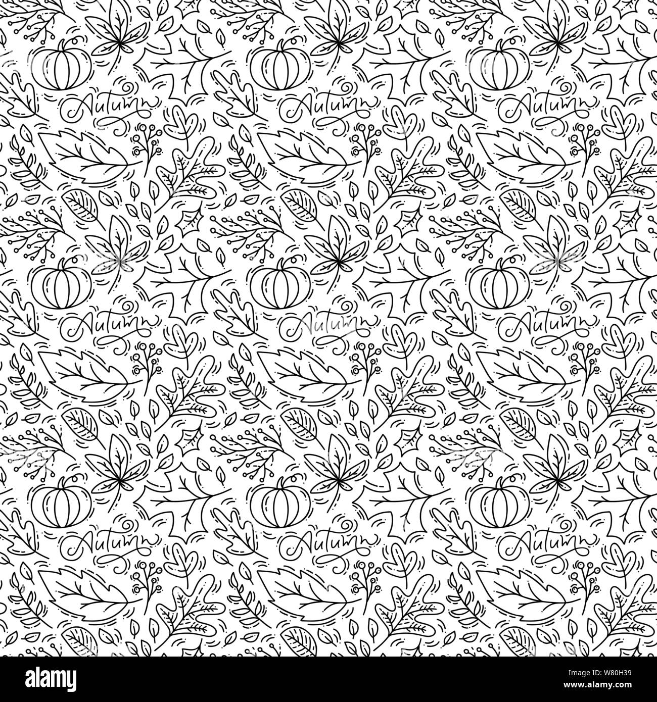 Seamless pattern with acorns, pumpkin and autumn oak leaves in black
