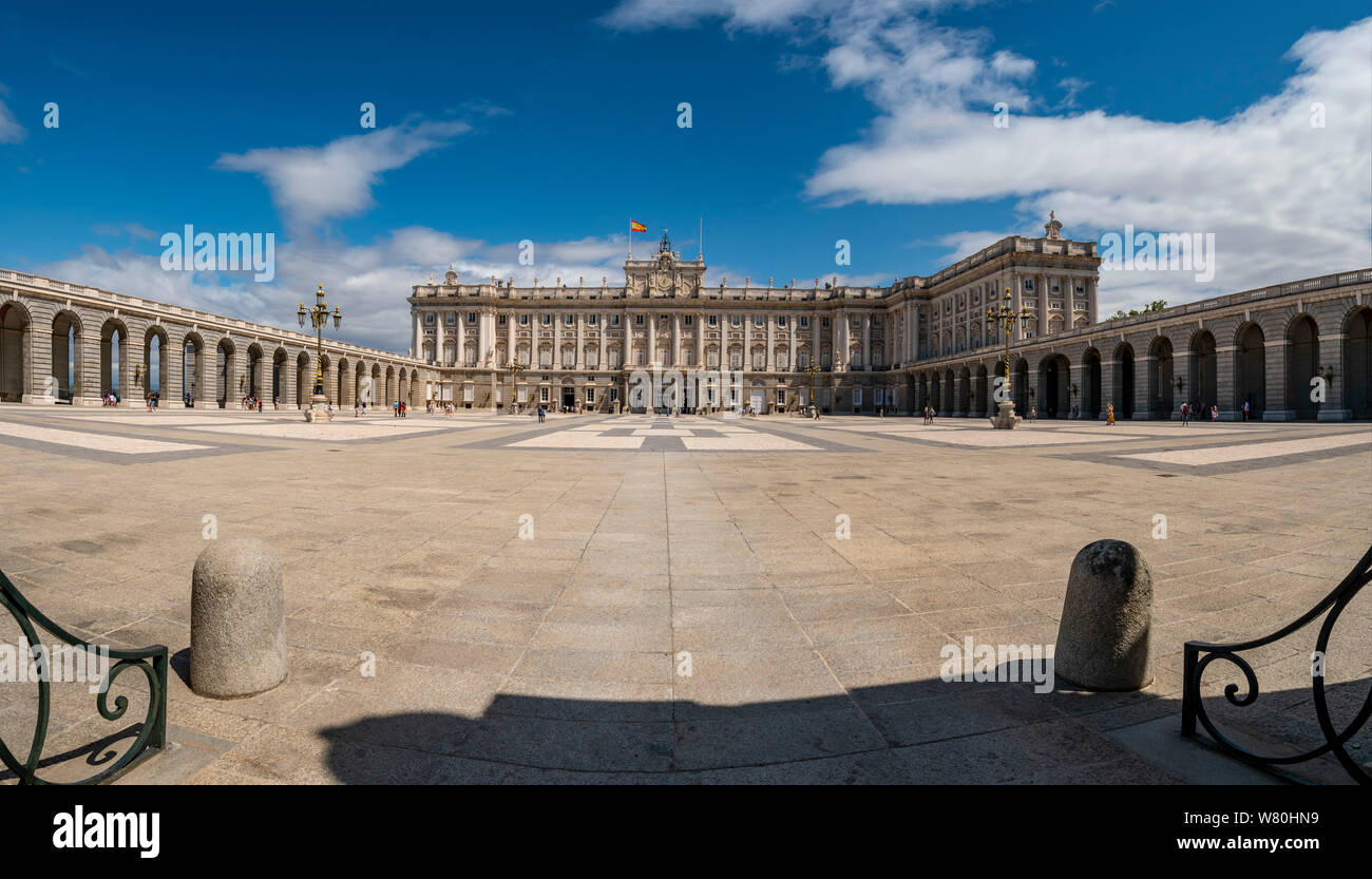 Horizontal panoramic view of the Royal Palace in Madrid. Stock Photo
