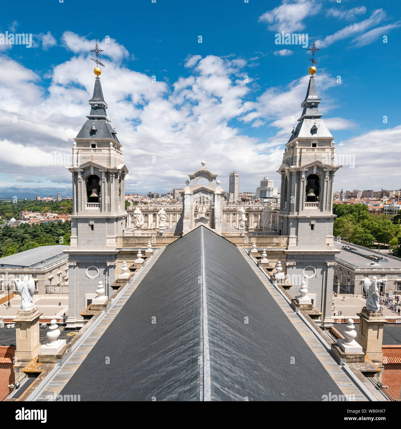 Square aerial view over the rooftop of the Almudena Cathedral in Madrid. Stock Photo