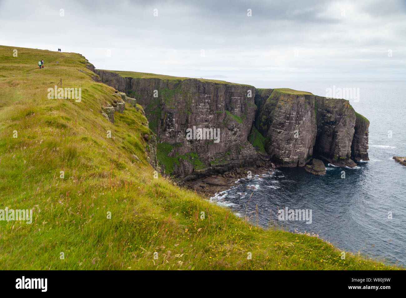 Walkers near the edge of the massive sea cliffs on the isle of Handa Scotland. Stock Photo