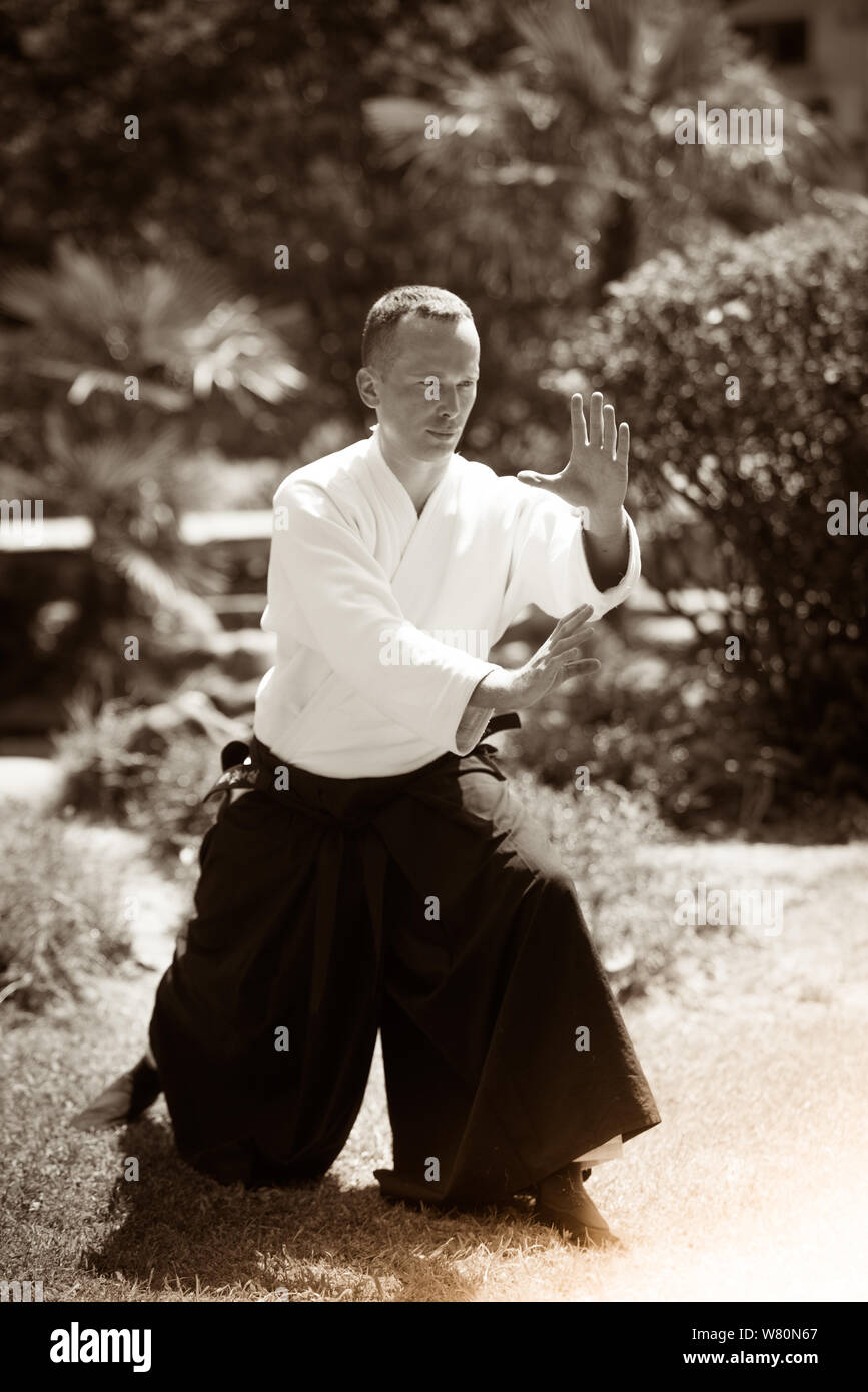 Aikido master wearing kimono with black belt Stock Photo - Alamy