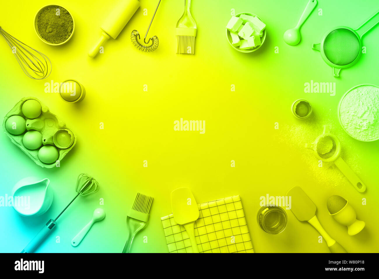 Bakery ingredients over rainbow gradient background - butter, sugar ...
