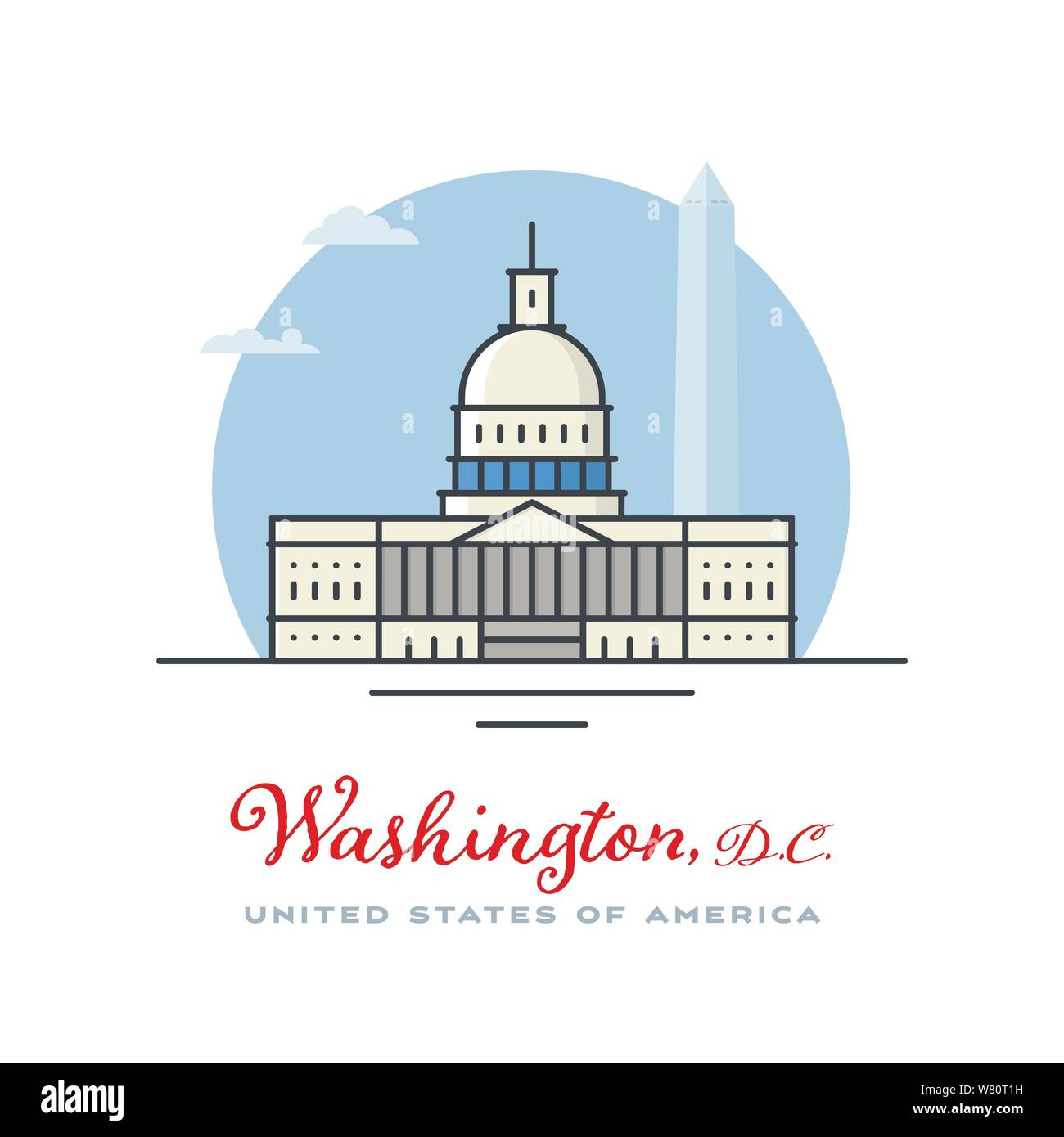 Capitol and monument at Washington, D.C. flat vector illustration. Tourism and travel icon. Stock Vector