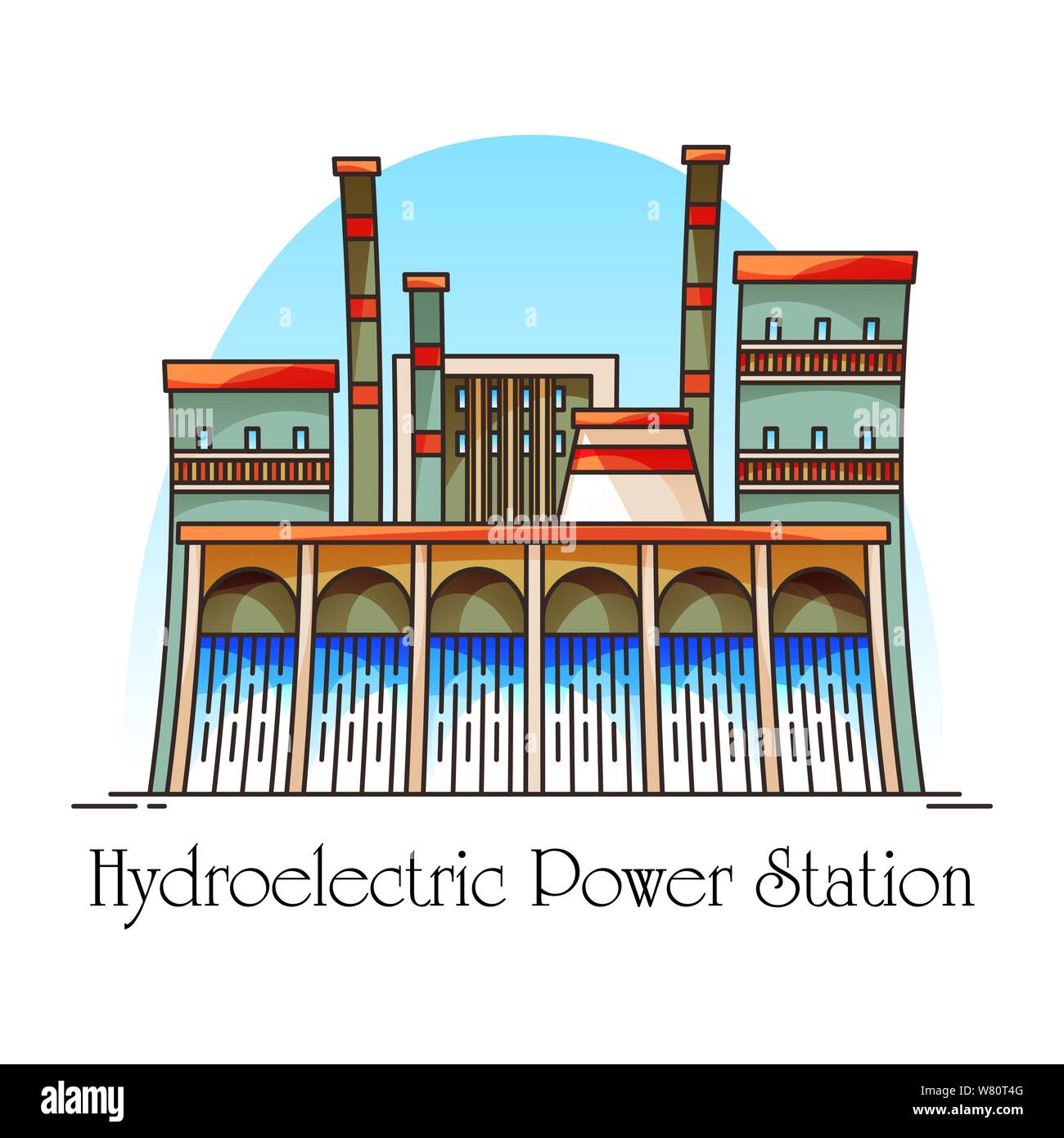 Cartoon hydroelectric station with waterfall or hydro power plant on river. Electric generator for renewable or green energy. Factory for eco electric Stock Vector