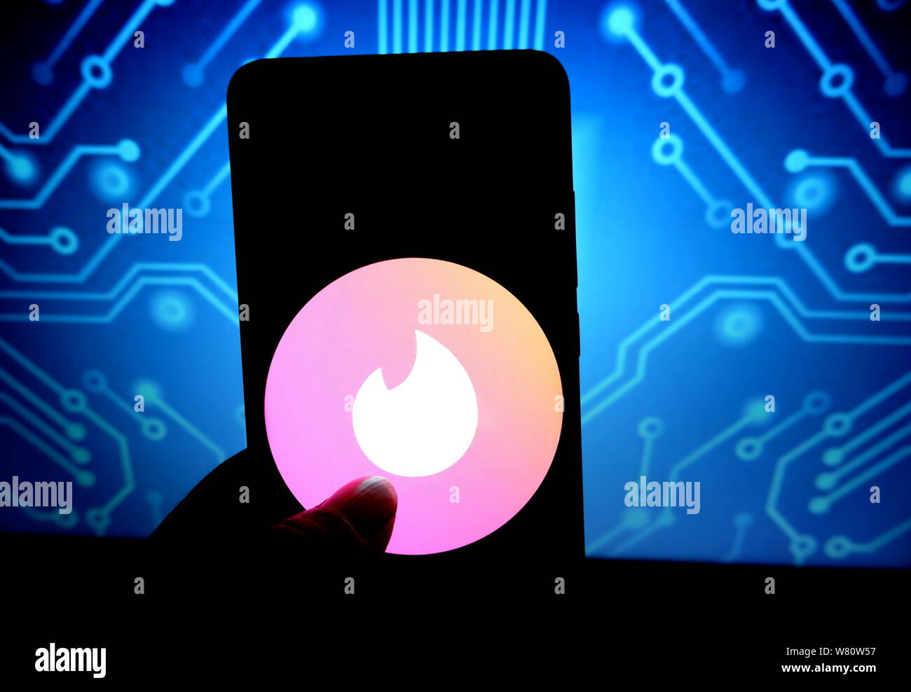 In this photo illustration a popular social dating application Tinder logo seen displayed on a smartphone. Stock Photo