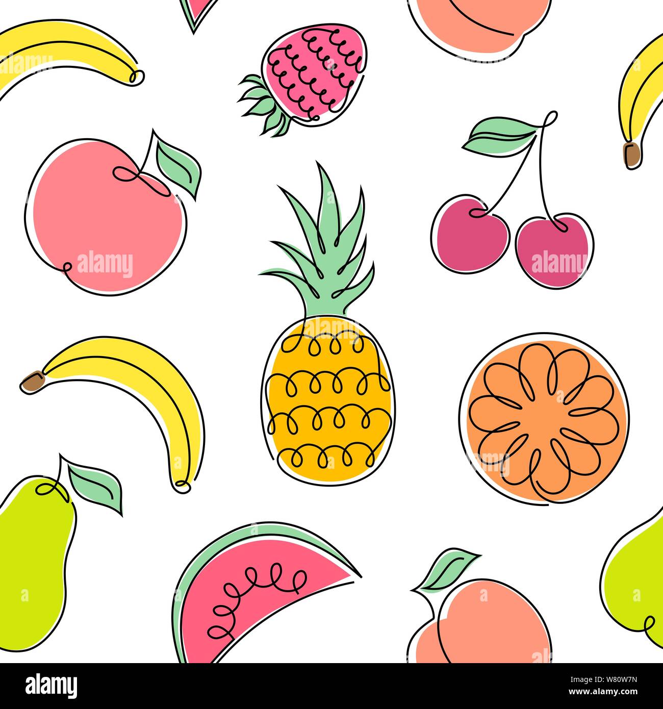 Seamless pattern with fruits on white background.One line drawing style.It be perfect for wrapping,packaging, digital paper and more. Stock Vector