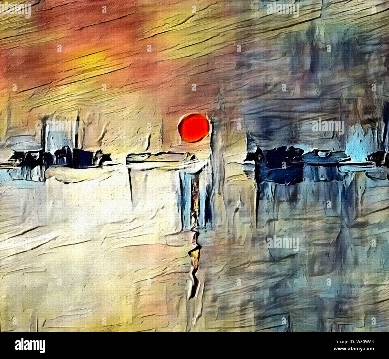 Modern abstract painting in sumi-e style. Red sunset. Artwork for creative graphic design Stock Photo