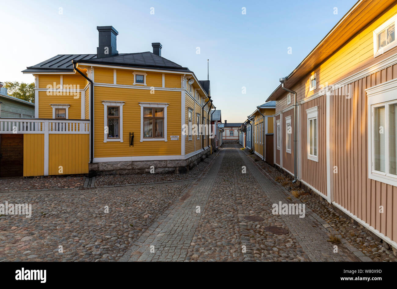 Well-preserved houses in the wooden city centre of the town of Rauma, Finland Stock Photo