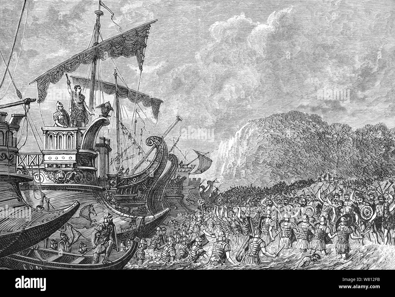 In 55 BC, Julius Caesar decided to make an expedition to Britain. He gathered a fleet consisting of eighty transport ships, sufficient to carry two legions, that he initially tried to land at Dubris (Dover), a natural harbour identified as a suitable landing place. However, when he came in sight of shore, the massed forces of the Britons gathered on the overlooking hills and cliffs dissuaded him from landing and the fleet sailed along the coast to an open beach. Having been tracked all the way along the coast by the British cavalry and chariots, the landing was opposed. To make matters worse, Stock Photo