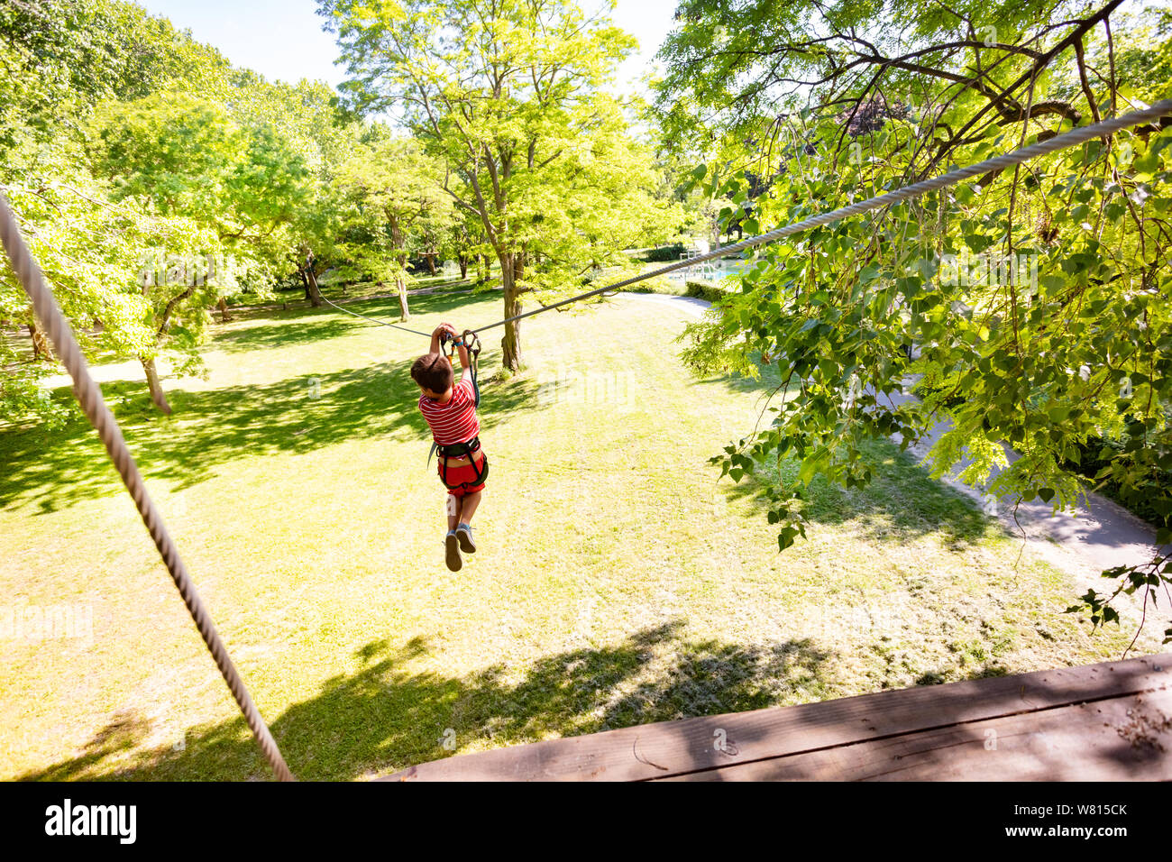Little boy at rope park slide and ride on zip line Stock Photo Alamy