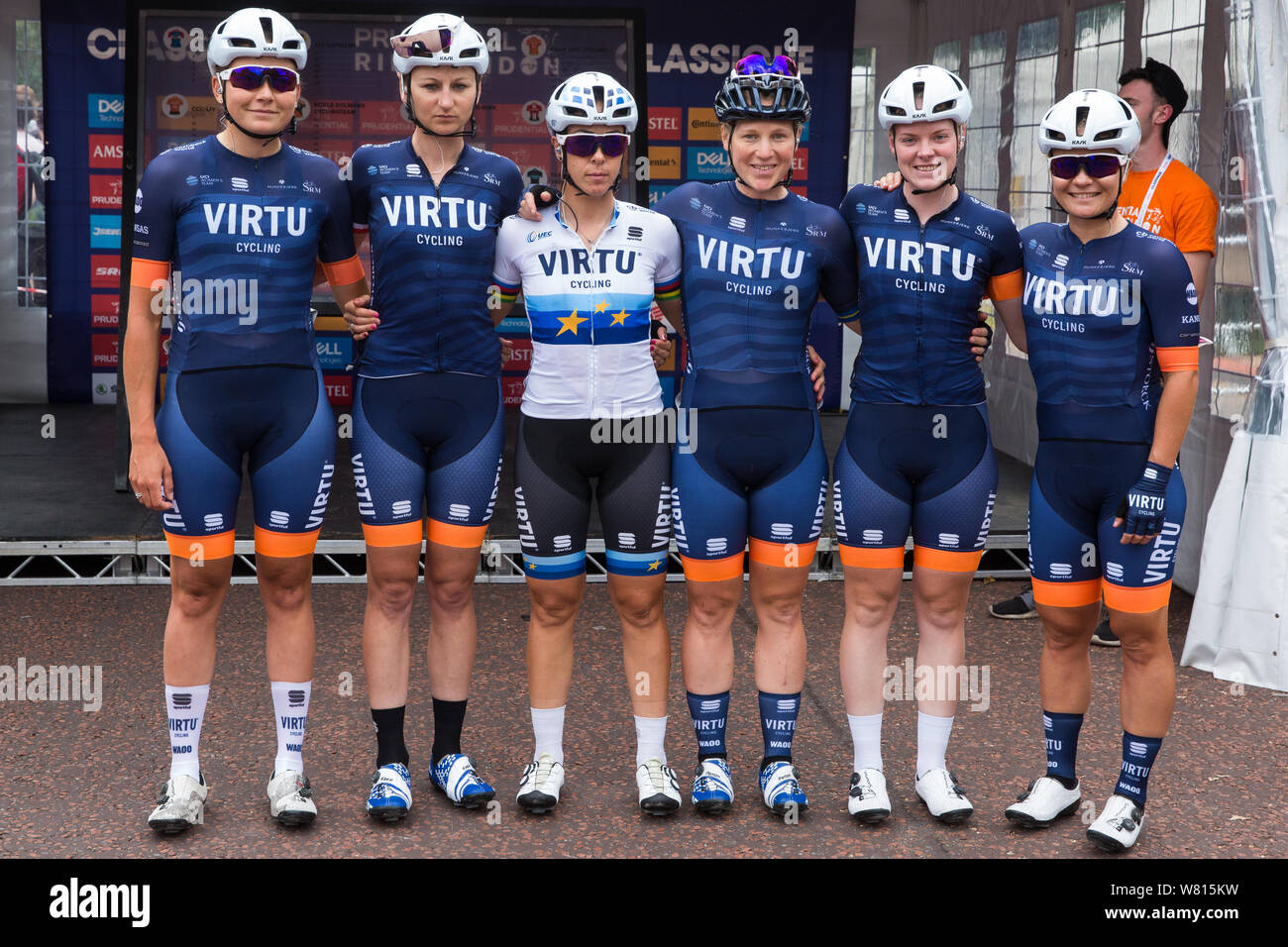 London, UK. 3 August, 2019. Team Virtu Cycling (Denmark) pose for a team photograph before the Prudential RideLondon Classique. The Classique, which i Stock Photo