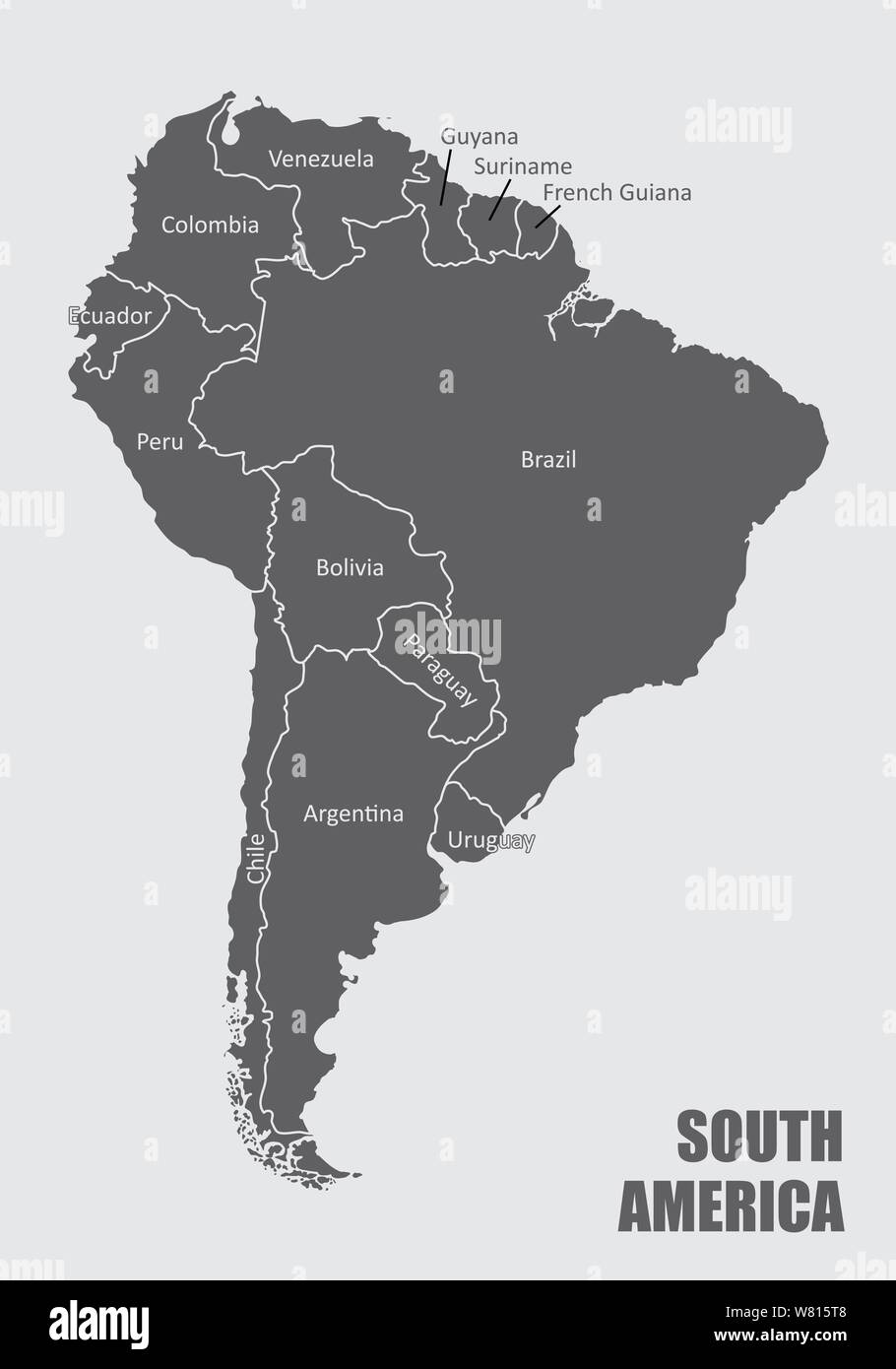 The South America map with countries borders and labels Stock Vector