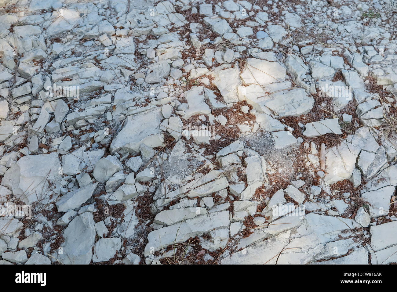 Crushed limestone country road, with various debris. Light grey grunge background Stock Photo