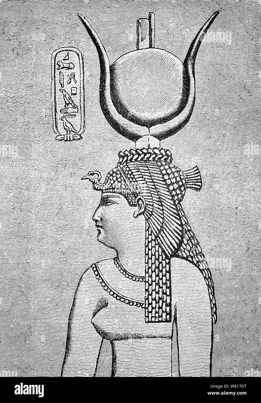 An Egyptian bas-relief of Cleopatra VII Philopator (69 – 30 BCE), the last active ruler of the Ptolemaic Kingdom of Egypt.  As a member of the Ptolemaic dynasty, she was a descendant of its founder Ptolemy I Soter, a Macedonian Greek general and companion of Alexander the Great. After the death of Cleopatra, Egypt became a province of the Roman Empire, marking the end of the Hellenistic period that had lasted since the reign of Alexander (336–323 BC). Her native language was Koine Greek and she was the first Ptolemaic ruler to learn the Egyptian language. Stock Photo