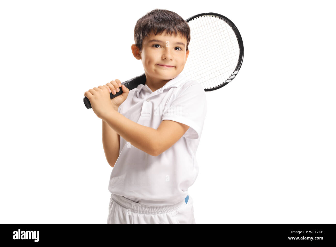 Boy holding a tennis racket isolated on white background Stock Photo