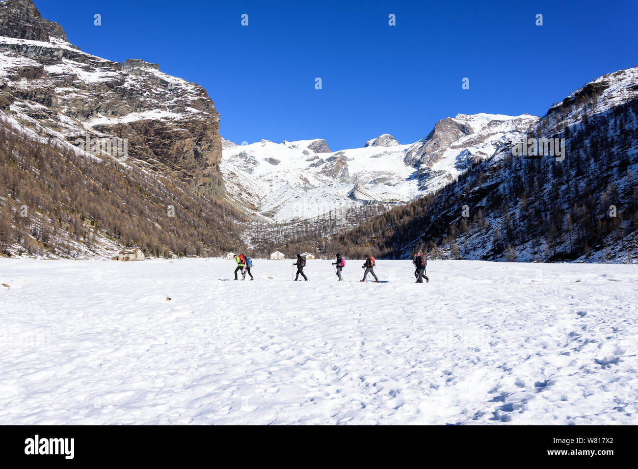 Group of hikers trekking in the mountains of the Alps. The trekkers are going through a snowy landscape. Italy Stock Photo