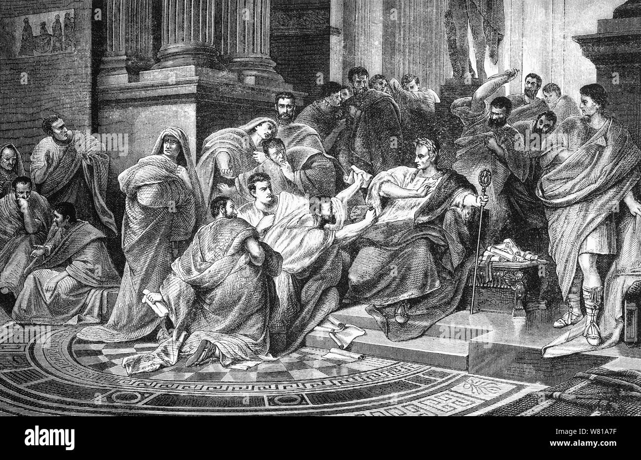 The assassination of Julius Caesar by a conspiracy of several Roman senators, led by Marcus Junius Brutus, Cassius Longinus, and Decimus Brutus, at the end of the Roman Republic. They stabbed Caesar to death in the Theatre of Pompey on the Ides of March (15 March) 44 BC.  Caesar had been named dictator for life by the Senate, a declaration that made many senators of the conservative Optimates faction fear that Caesar wanted to overthrow the Republic and establish a monarchy. They decided to kill him to save the Republic. Stock Photo