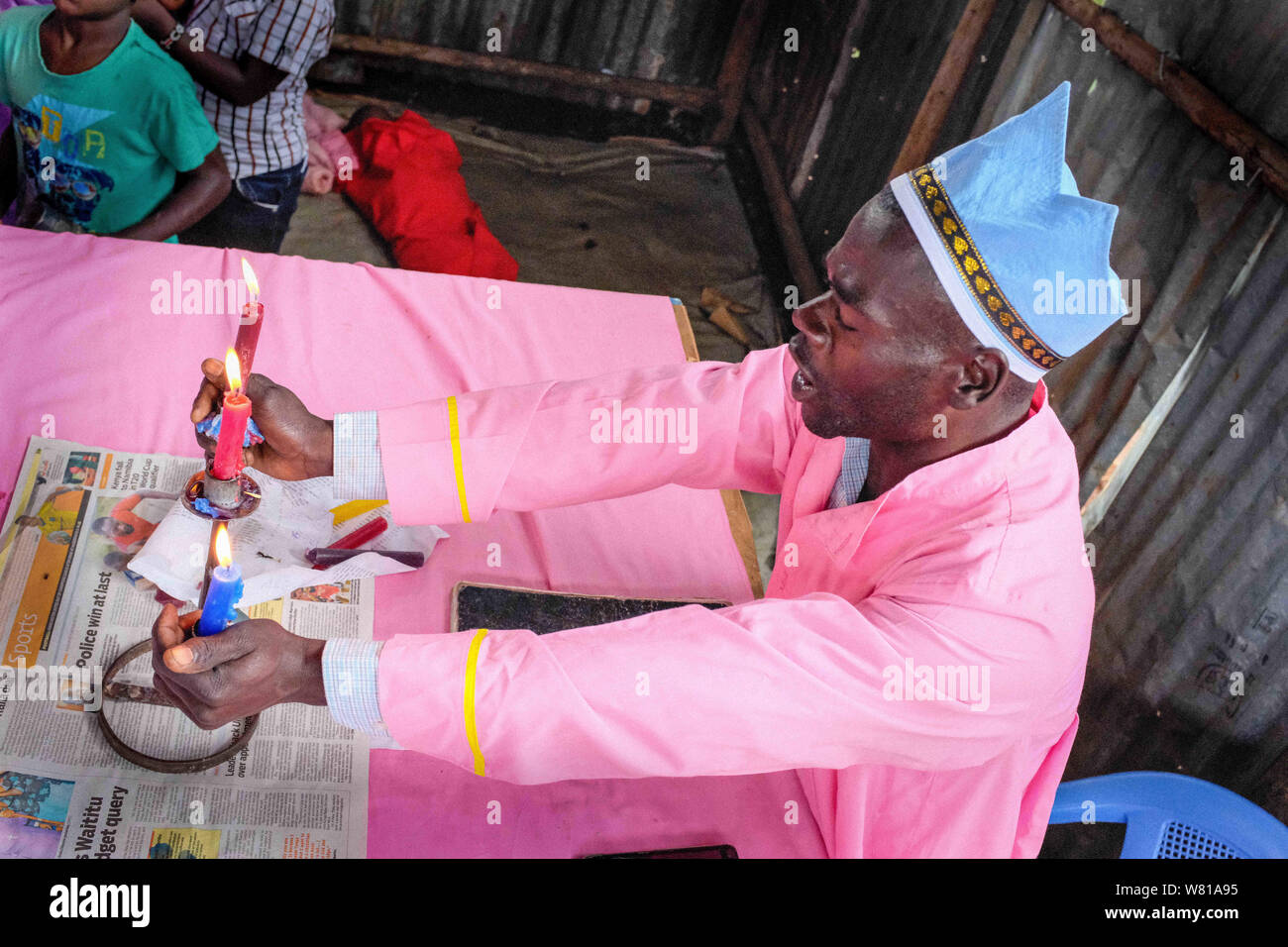 June 2, 2019, Kenya: Preacher performs his rituals at a local Church in  Kibera.The traditional beliefs and practices of African people are a set of  highly diverse beliefs that include various ethnic, image size:1300x956