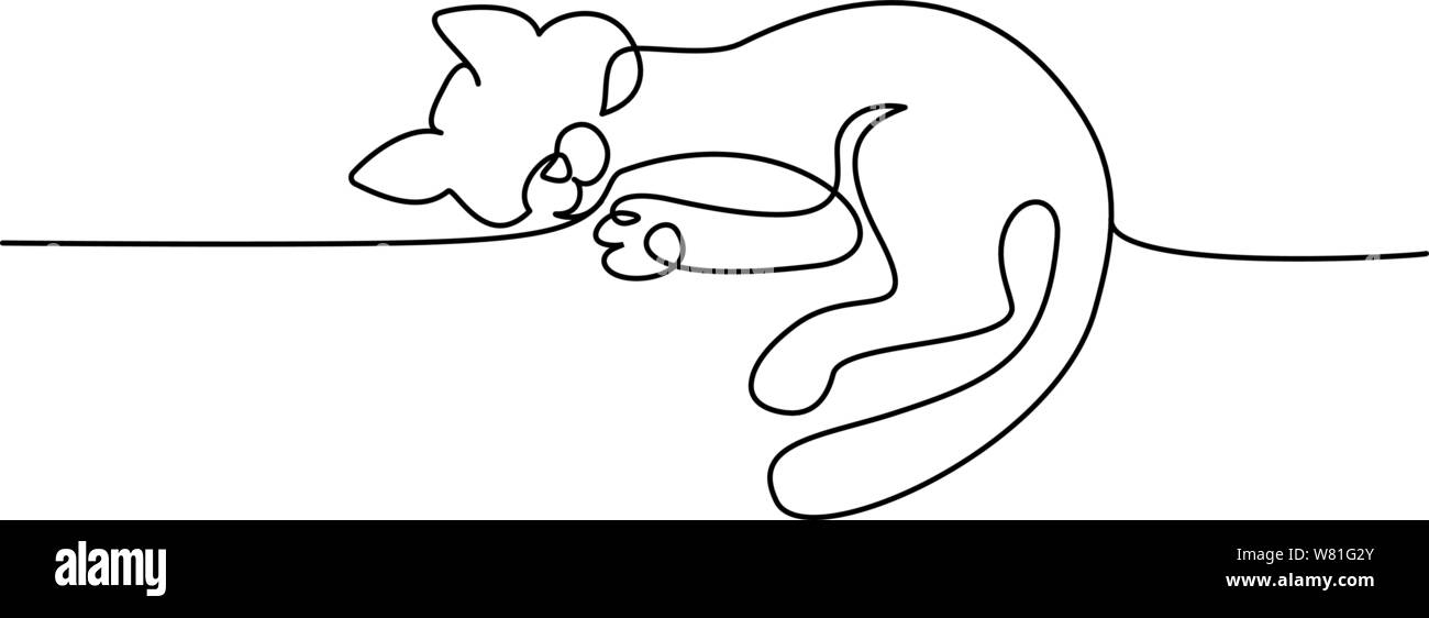 Continuous one line drawing. Cat sitting with curled tail. Vector ...
