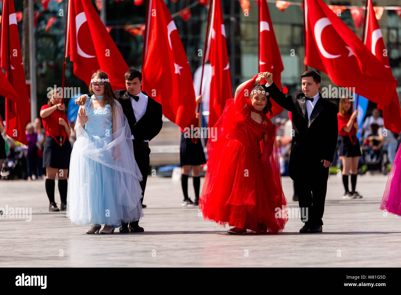 Izmir, Turkey - May 19 , 2019:  Down syndromed children’s dance performance Celebrations of the 19 May 2019 Memoriam of Mustafa Kemal Ataturk, Youth a Stock Photo