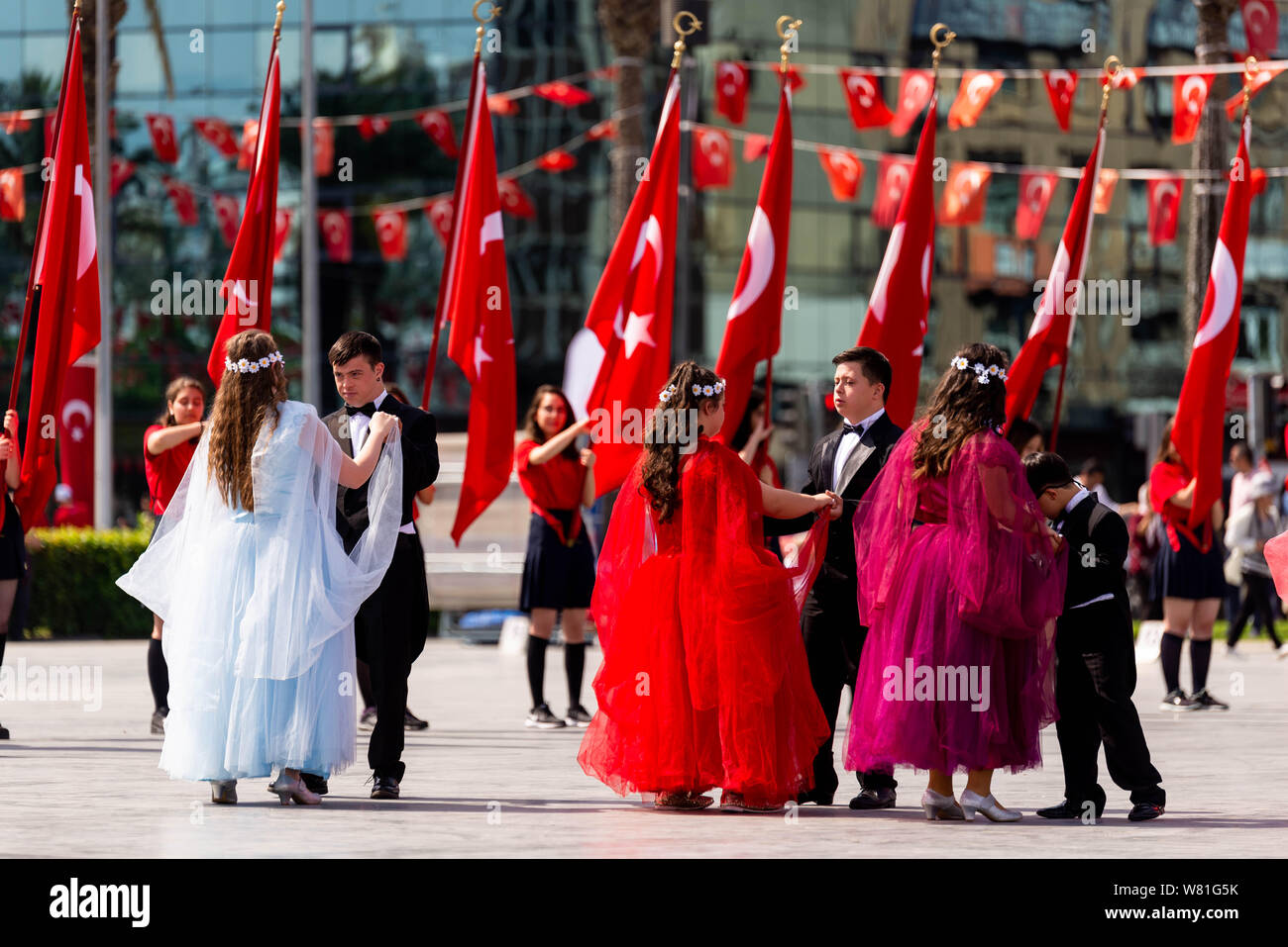 Izmir, Turkey - May 19 , 2019:  Celebrations of the 19 May 2019 Memoriam of Mustafa Kemal Ataturk, Youth and Sports Festival Izmir Konak Turkey. Repub Stock Photo