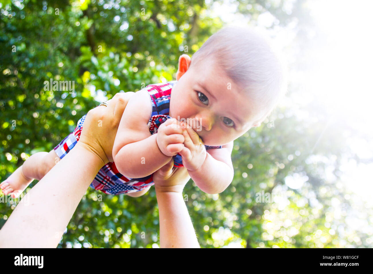 Infant Boy Being Held up in the Air Stock Photo