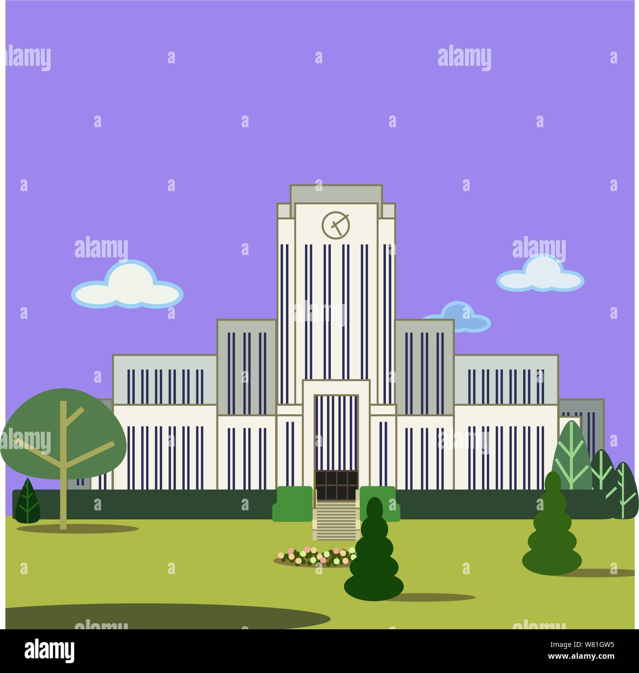 Vancouver City Hall building and grounds with buildings in the background and a park like area in the foreground. Stock Vector