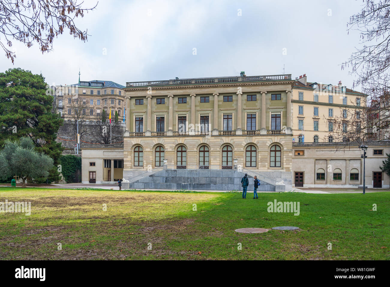 Bastions Park and background of exterior Eynard Palace, the first palace in Geneva, recent Administrative Council and city government. Stock Photo