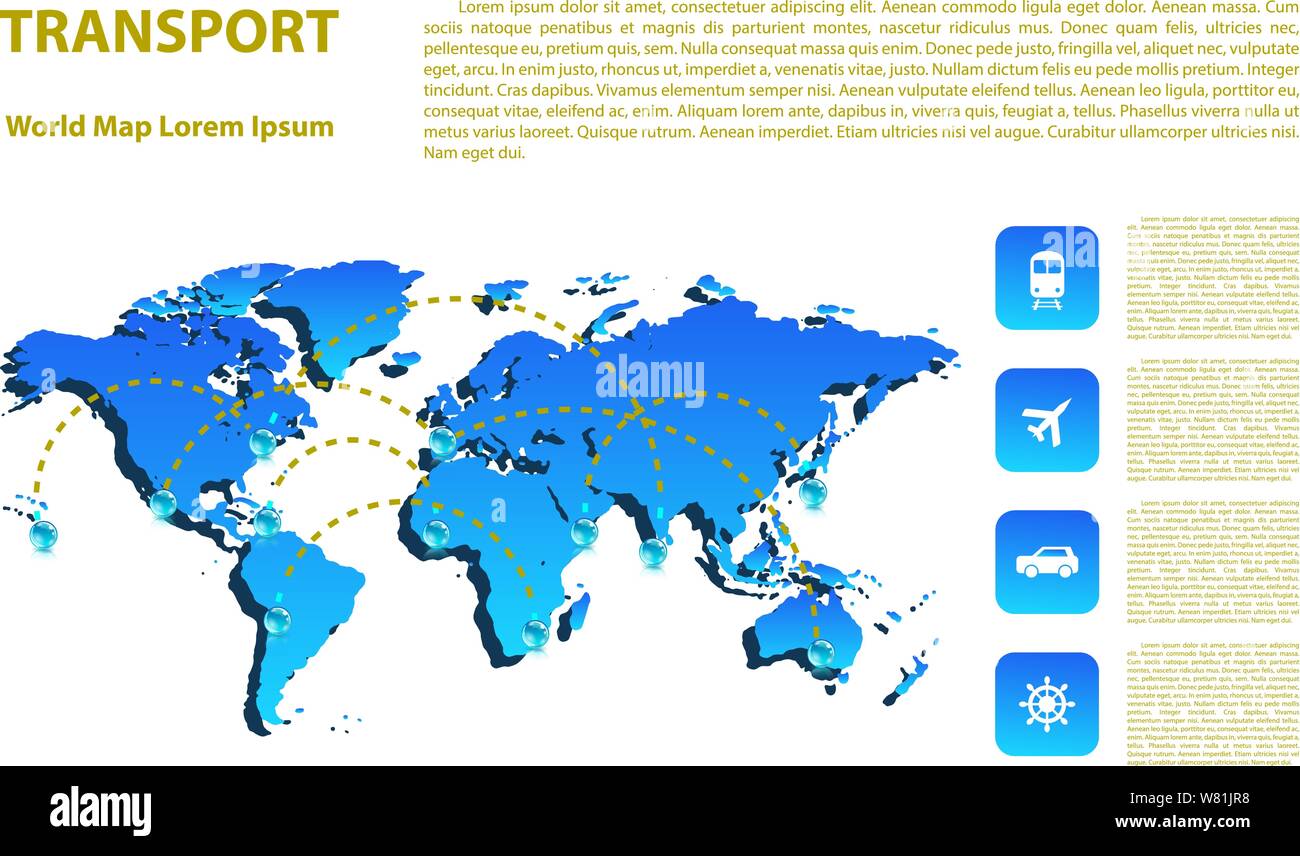 World map with different marks and transport. Design elements Stock Vector