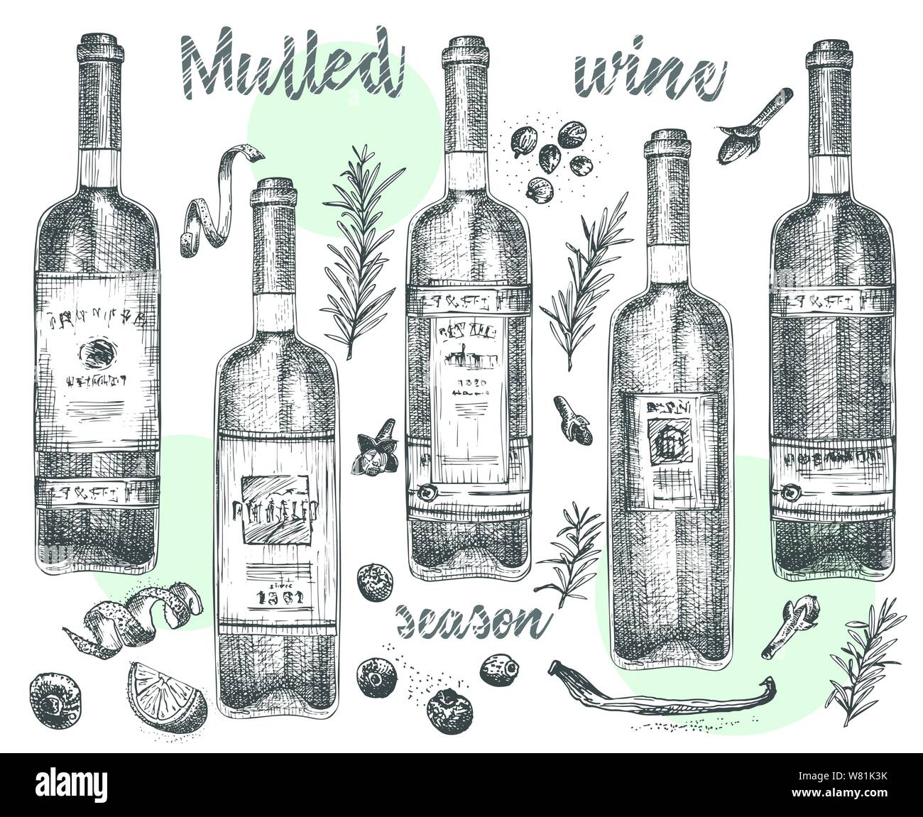 Set of hand drawn Christmas winter spices pattern and bottles of wine for traditionally hot winter drinks. Mulled wine, eggnog, grog. Good idea for Stock Vector